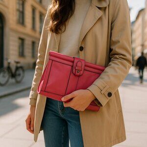 Fossil Red Leather VR Bar Clutch Handbag Purse Contrast Trim Stitching NWT HTF